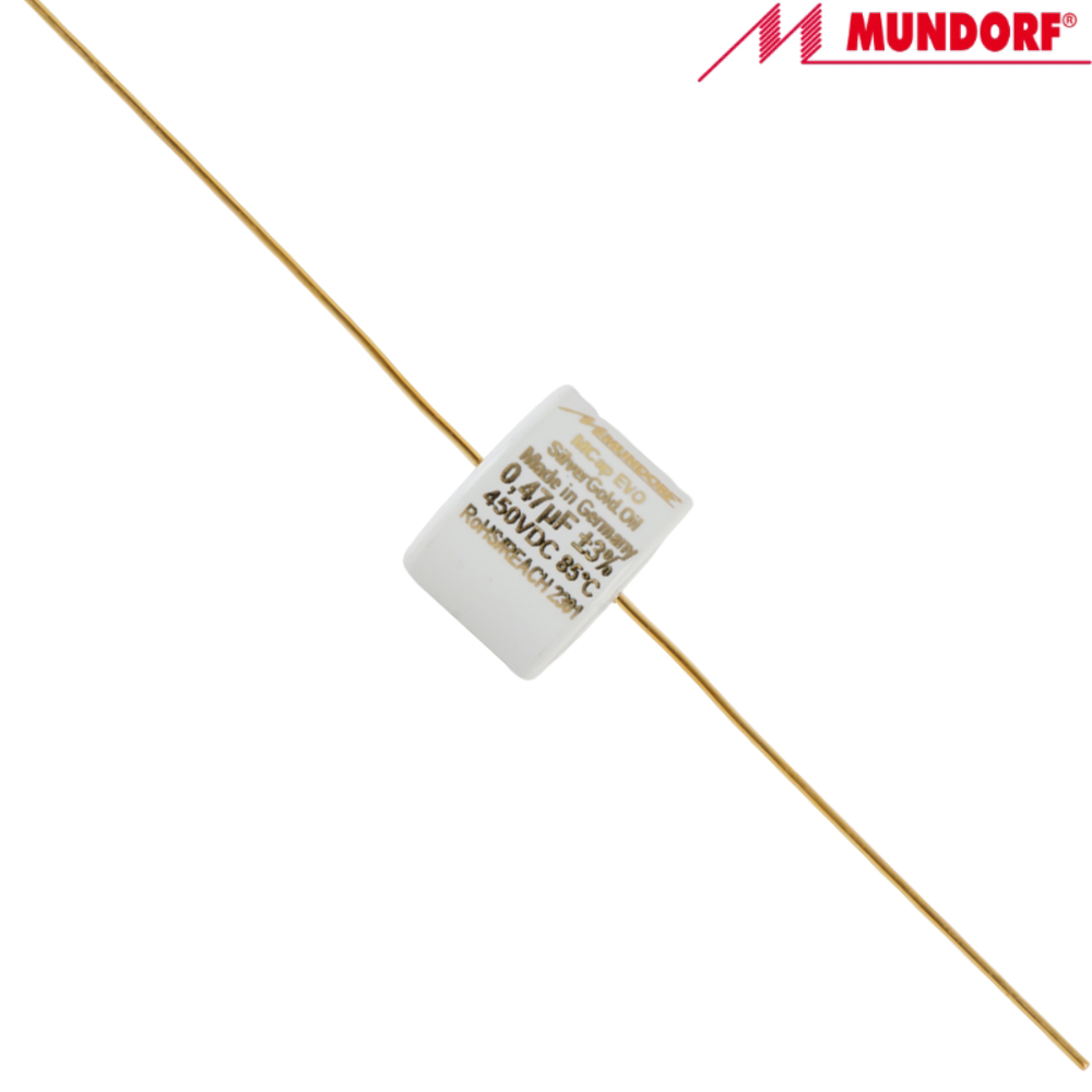 MESGO-0,47T3.450: 0.47uF 450Vdc Mundorf MCap EVO Silver Gold Oil Capacitor