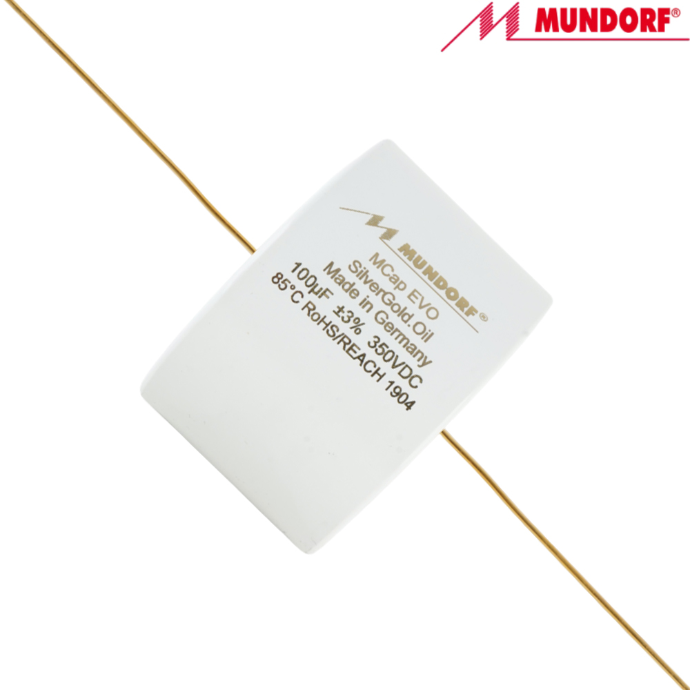 MESGO-100T3.350: 100uF 350Vdc Mundorf MCap EVO Silver Gold Oil Capacitor