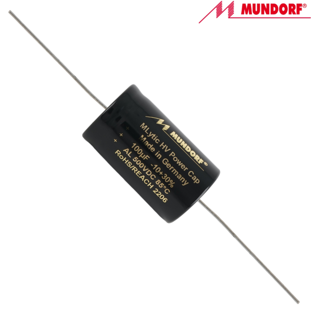 MLAL500-100: 100uF 500Vdc Mundorf MLytic HV Axial Electrolytic Capacitor