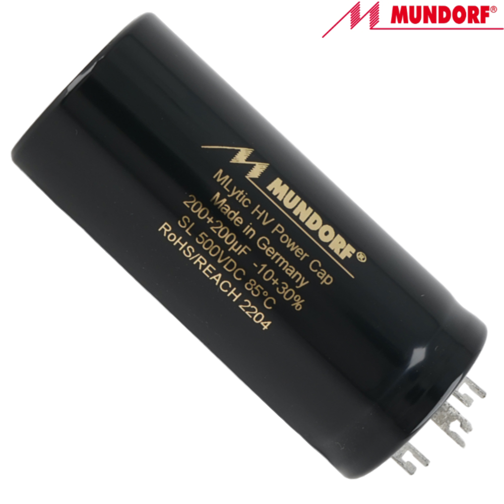 MLSL500-200+200: 200uF+200uF 500Vdc Mundorf MLytic HV Radial Electrolytic Capacitor