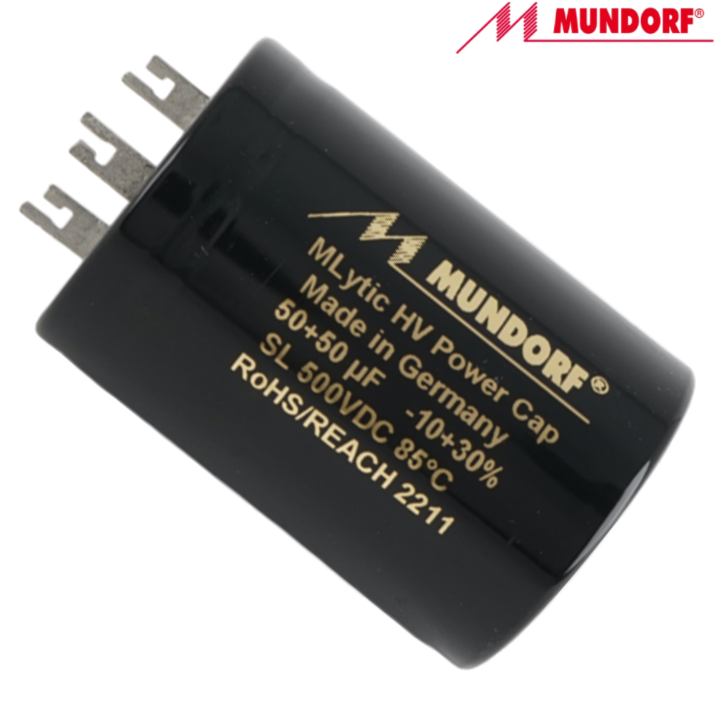 MLSL500-50+50: 50uF+50uF 500Vdc Mundorf MLytic HV Radial Electrolytic Capacitor
