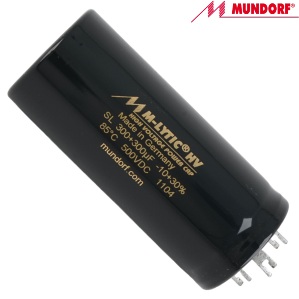 (MLSL5002-070): 300uF+300uF 500Vdc Mundorf MLytic HV Radial Electrolytic Capacitor  - DISCONTINUED