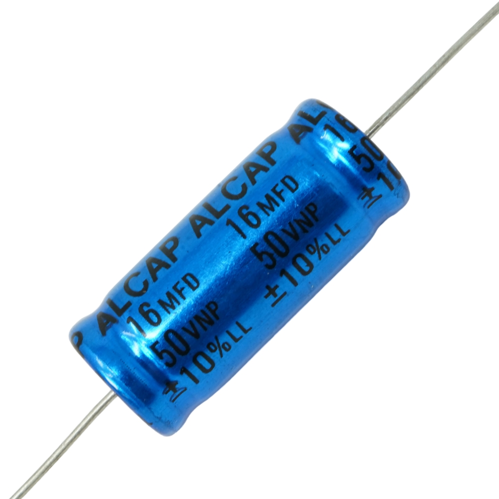 AL16-50LL: 16uF 50Vdc Alcap Bipolar Axial Low Loss Electrolytic Capacitor