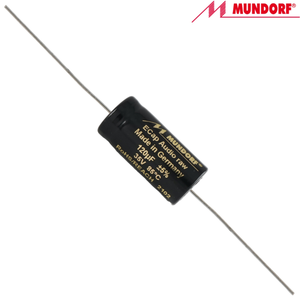 ECAP100-120: 120uF 35Vac / 100Vdc Mundorf ECap AC RAW electrolytic bipolar capacitor