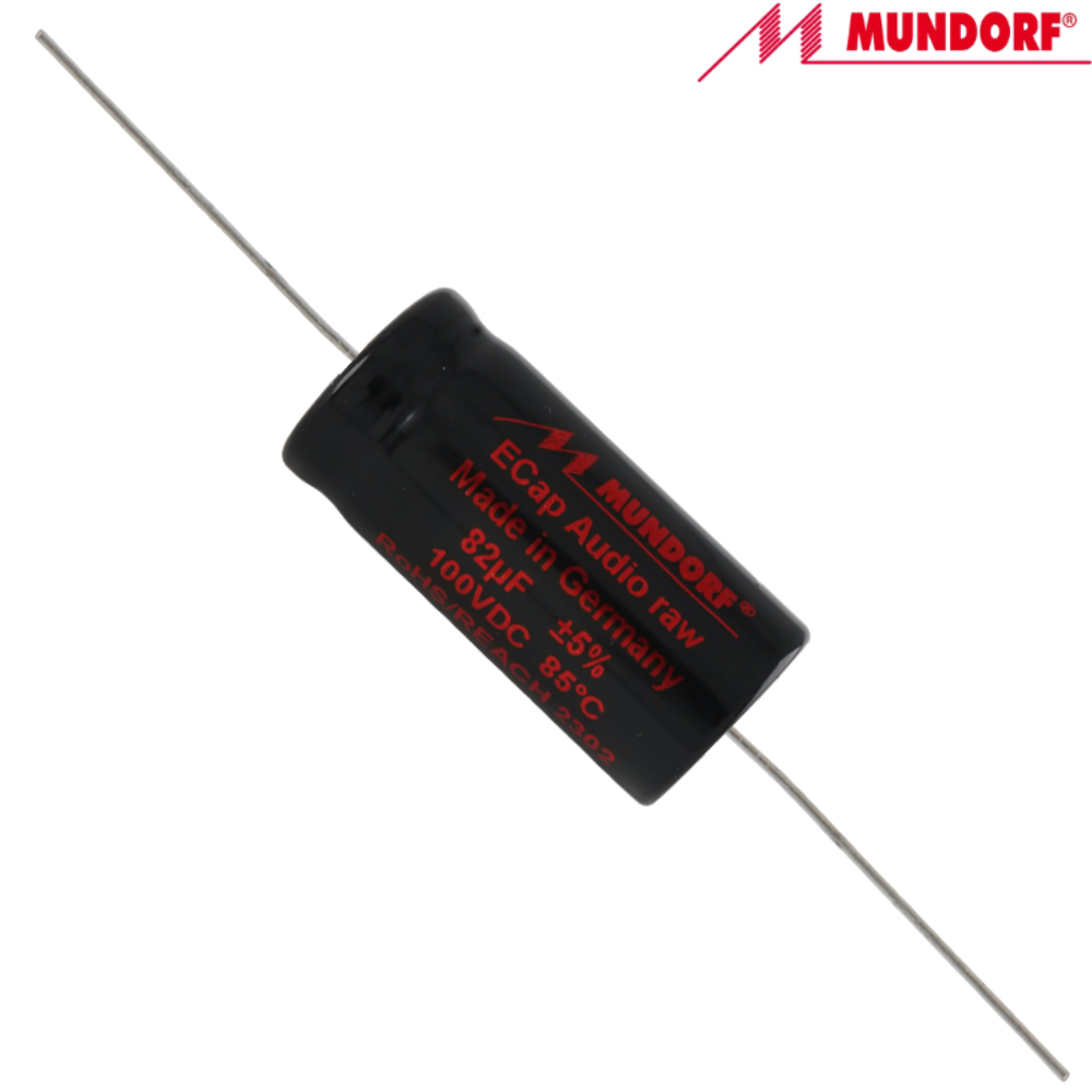 ECAP100-82: 82uF 35Vac / 100Vdc Mundorf ECap AC RAW electrolytic bipolar capacitor