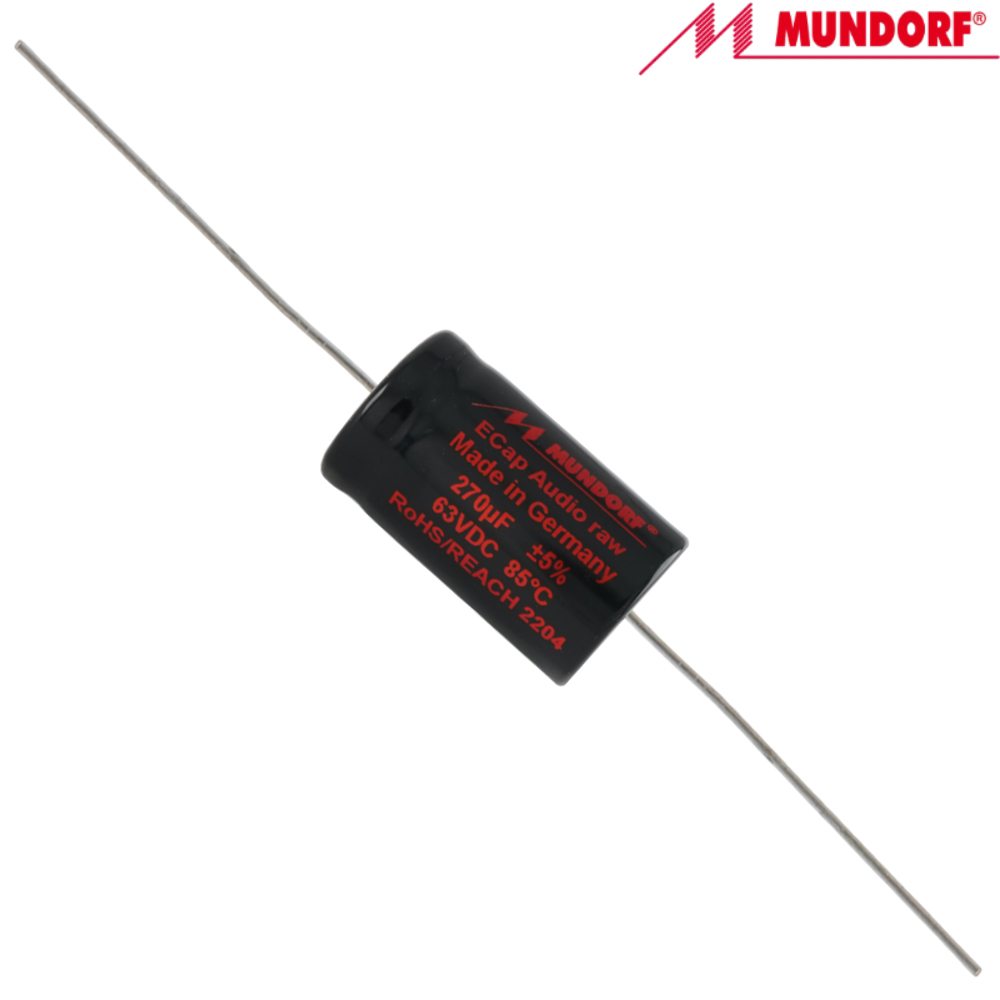 ECAP63-270: 270uF 23Vac / 63Vdc Mundorf ECap AC RAW electrolytic bipolar capacitor