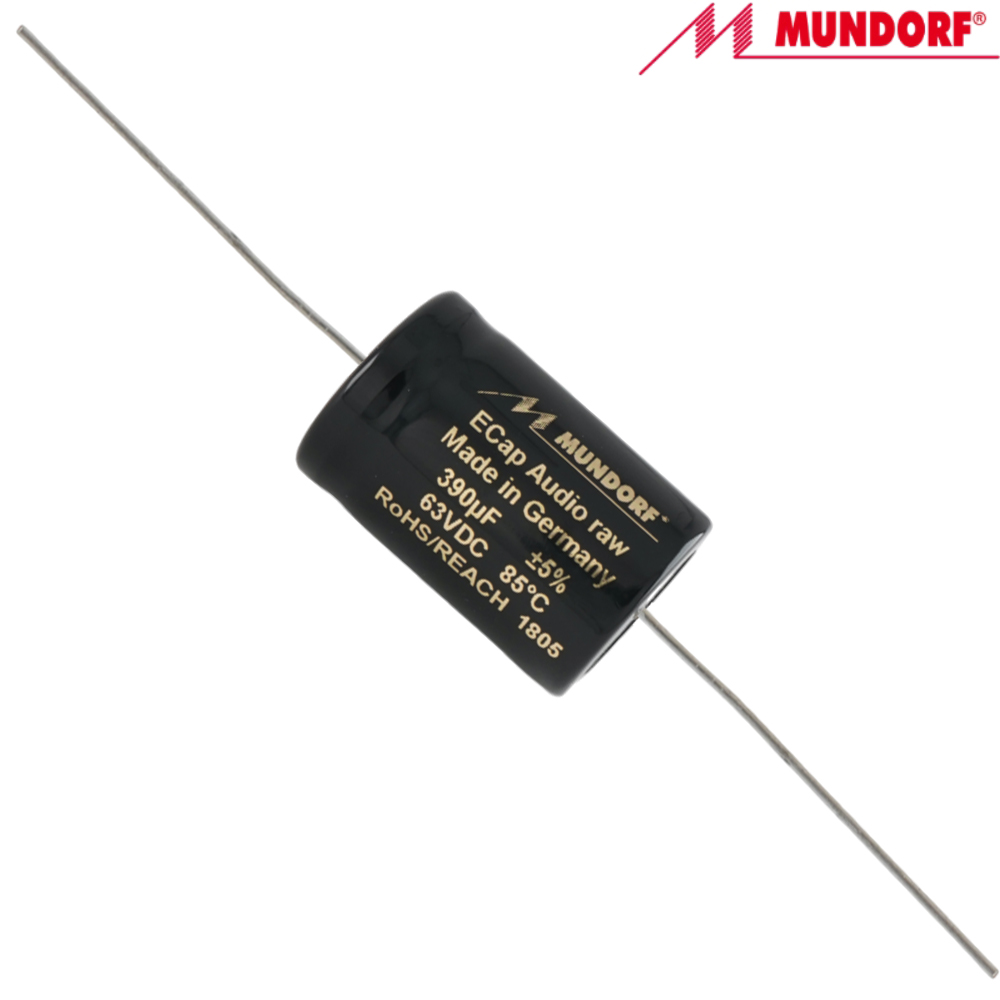 ECAP63-390: 390uF 23Vac / 63Vdc Mundorf ECap AC RAW electrolytic bipolar capacitor