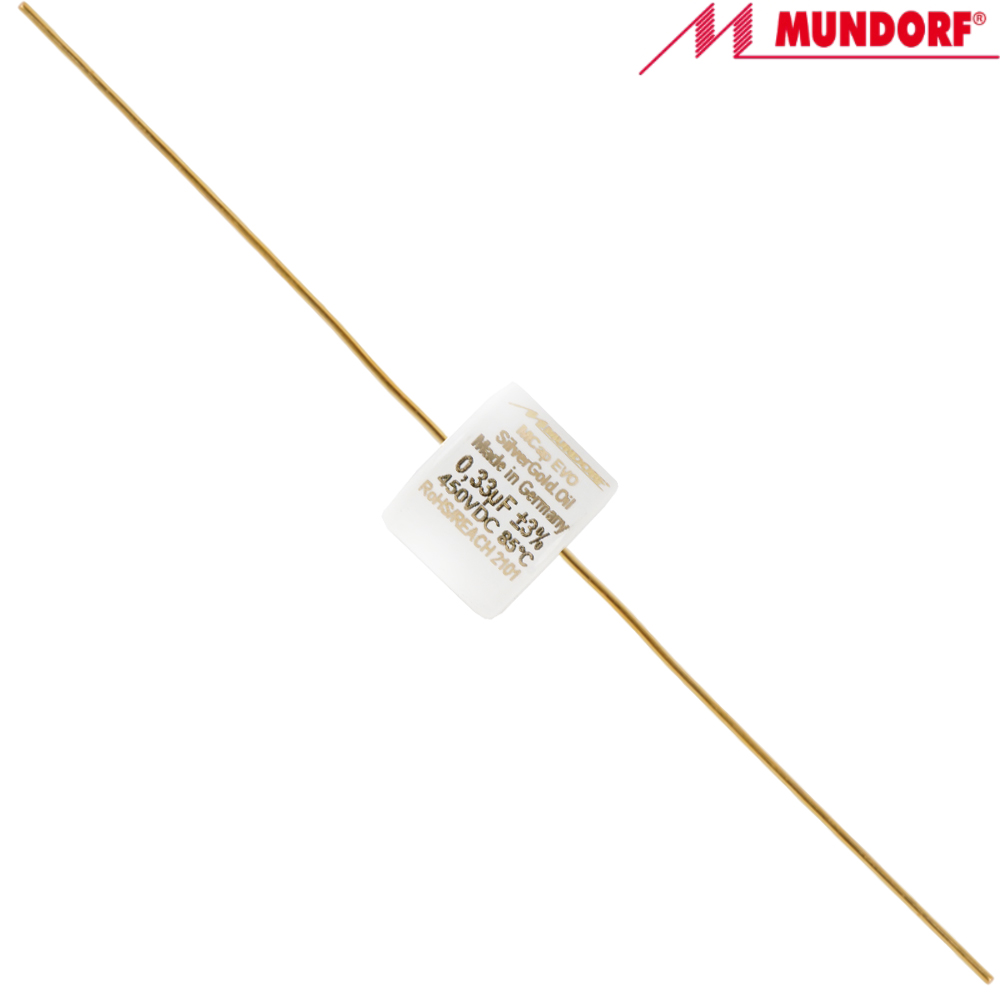 MESGO-0,33T3.450: 0.33uF 450Vdc Mundorf MCap EVO Silver Gold Oil Capacitor