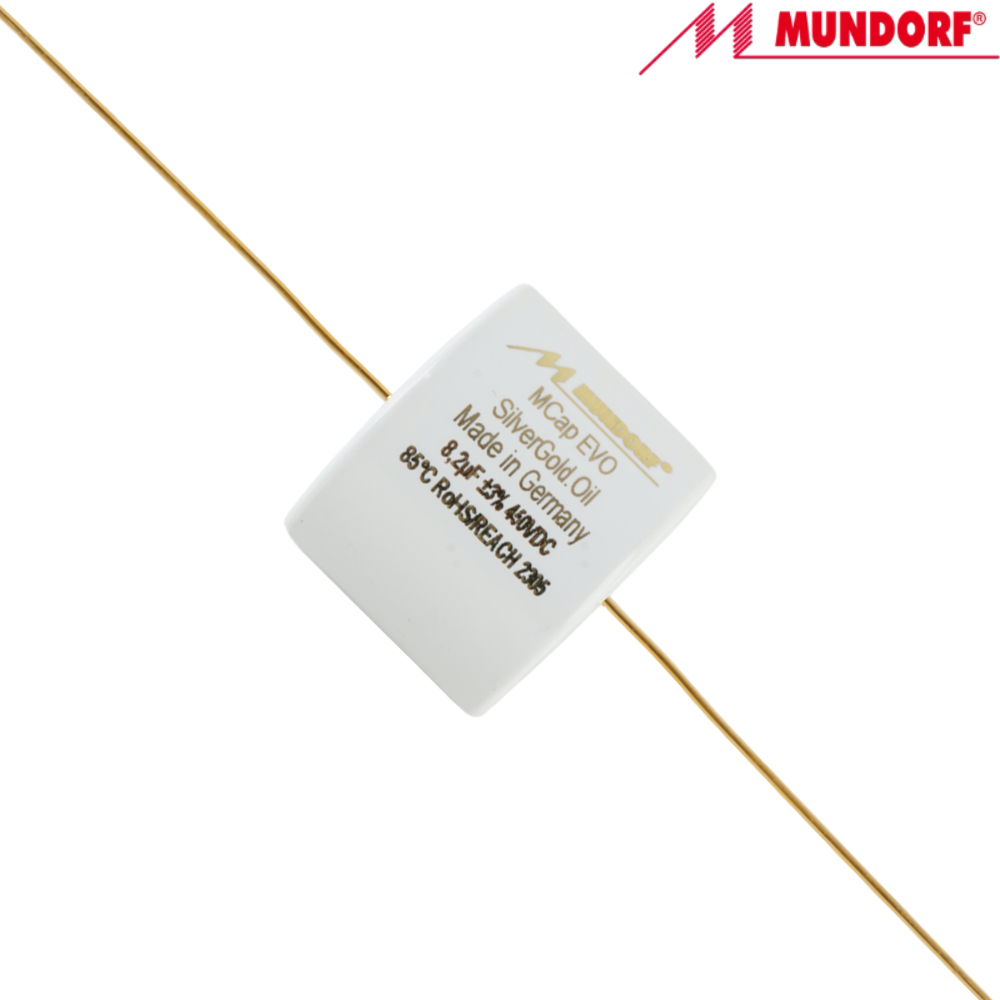 MESGO-8,2T3.450: 8.2uF 450Vdc Mundorf MCap EVO Silver Gold Oil Capacitor