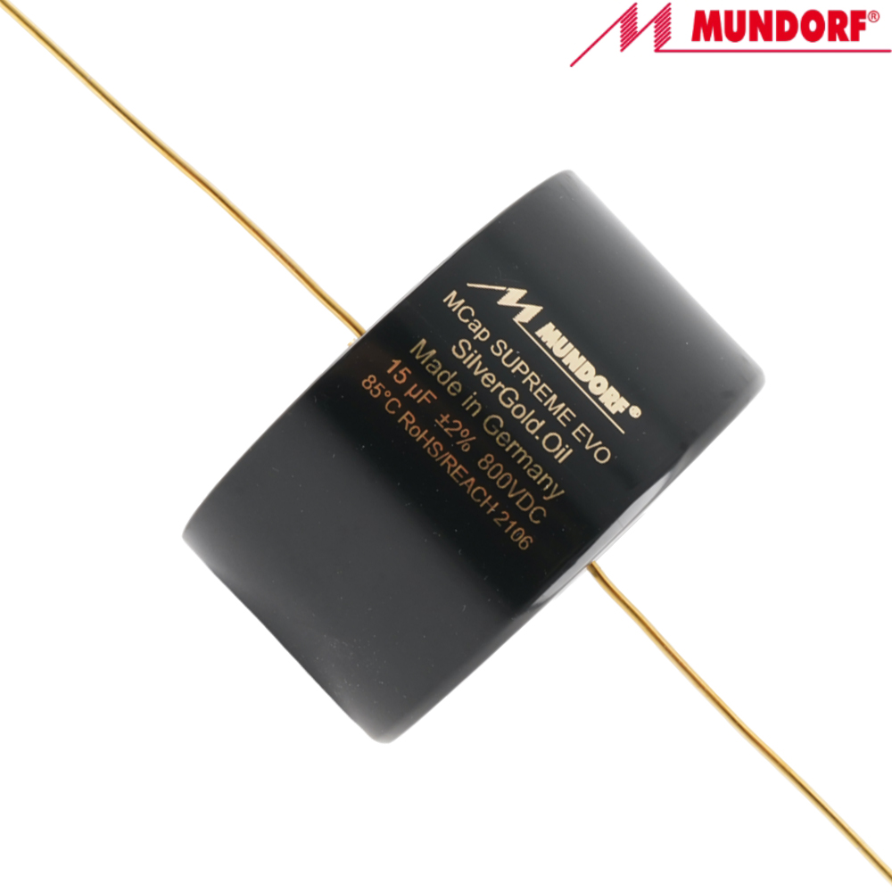 SESGO-15T2.800: 15uF 800Vdc Mundorf MCap Supreme EVO Silver Gold Oil Capacitor