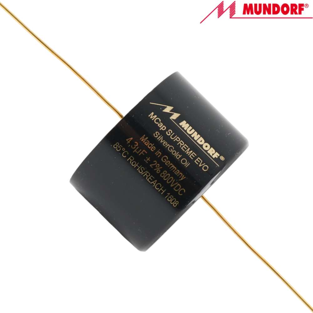 SESGO-4,3T2.800: 4.3uF 800Vdc Mundorf MCap Supreme EVO Silver Gold Oil Capacitor