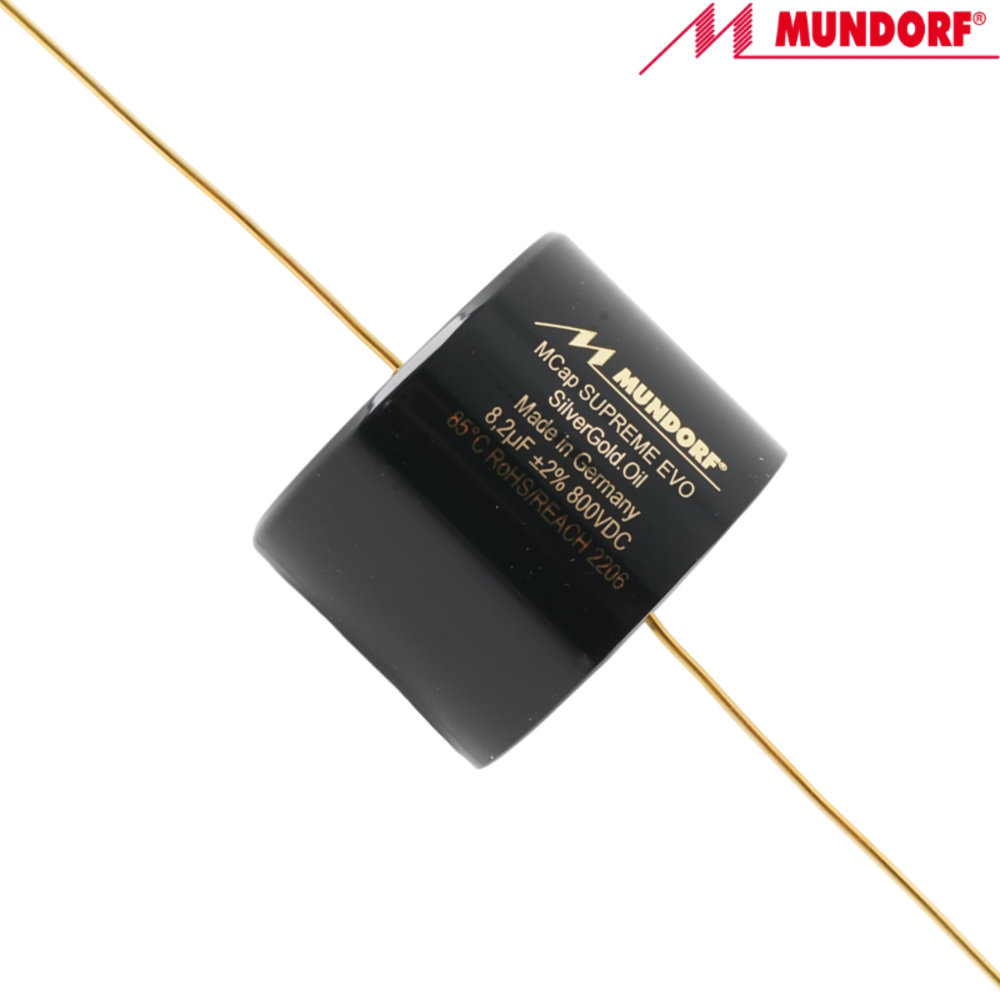 SESGO-8,2T2.800: 8.2uF 800Vdc Mundorf MCap Supreme EVO Silver Gold Oil Capacitor