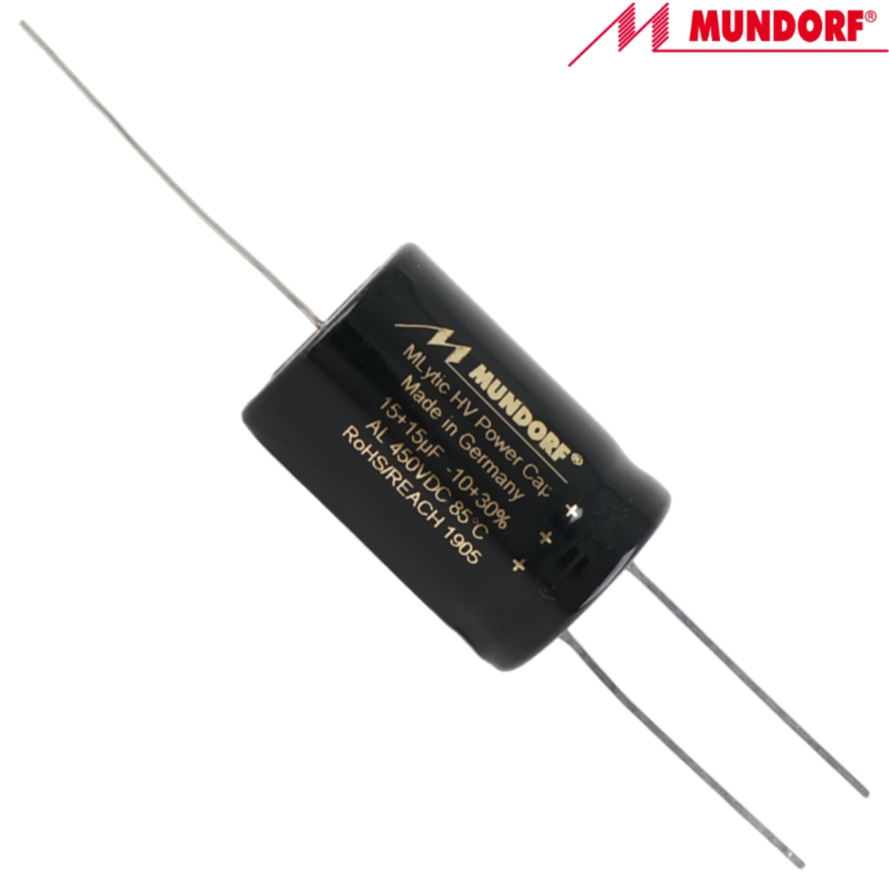 MLAL450-15+15: 15uF+15uF 450Vdc Mundorf MLytic HV Axial Electrolytic Capacitor