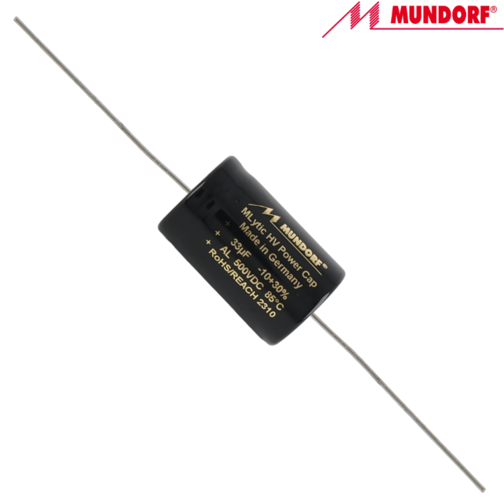 MLAL500-33: 33uF 500Vdc Mundorf MLytic HV Axial Electrolytic Capacitor