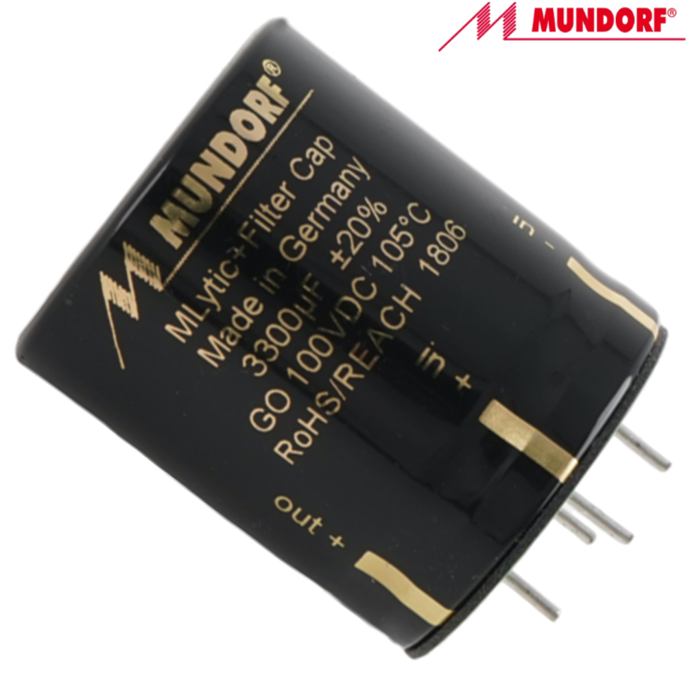 MLGO+100-3300: 3300uF 100Vdc Mundorf MLytic AG+ Electrolytic Capacitor