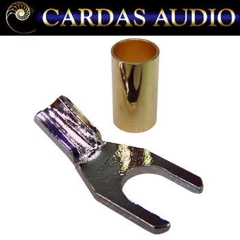 Cardas GRS C bare copper stamped spade with rhodium over silver plating. Our most economical spade, the GRS series is stamped from copper, and comes with a gold-plated brass beauty sleeve to cover the solder joint. 