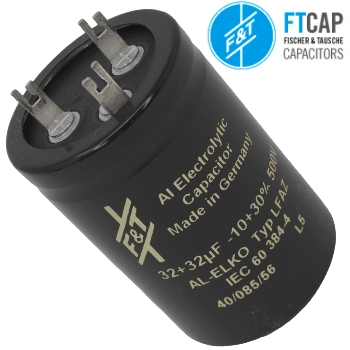 FTLFAZ-020: 32uF+32uF 500Vdc F&T LFAZ Dual Radial Electrolytic Capacitor 
