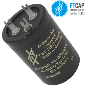 FTLFAZ-030: 50uF+50uF 500Vdc F&T LFAZ Dual Radial Electrolytic Capacitor 