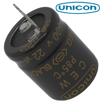 LXN2H220M25030: 22uF 500Vdc Unicon Audio Grade Radial Electrolytic Capacitor